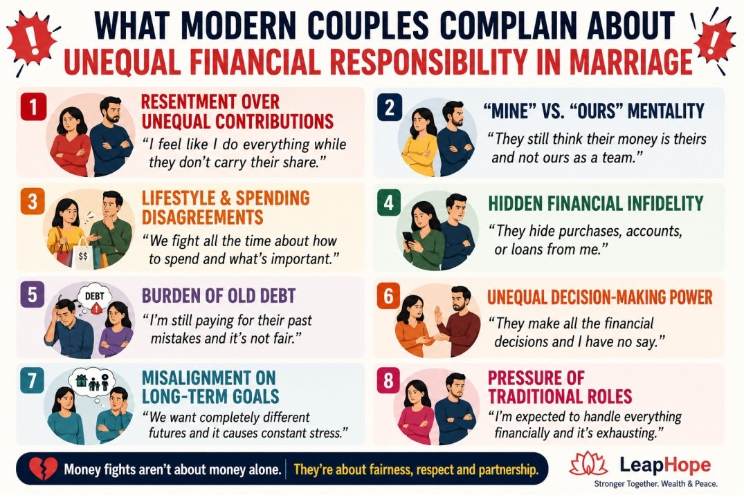 How to Handle Unequal Financial Responsibility in Marriage 4 Modern couples facing unequal financial responsibility in marriage arguing over shared expenses, unequal bill payments, hidden resentment, and money pressure in their relationship, with LeapHope branding.