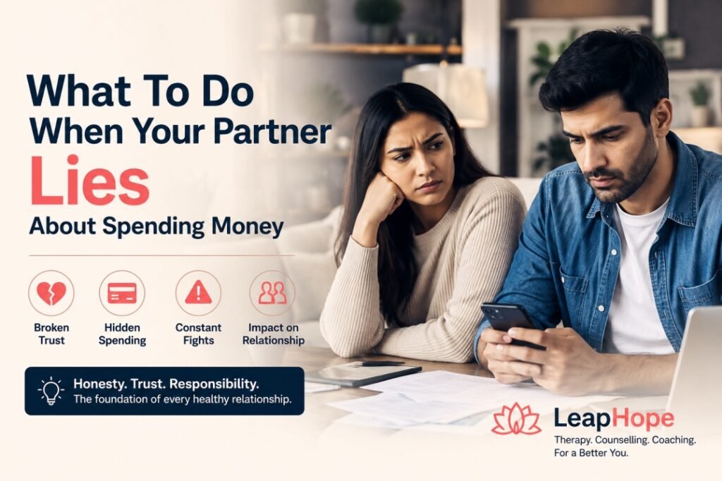 What To Do When Your Partner Lies About Spending Money 2 Upset couple sitting apart after an argument about hidden spending and financial trust issues in a relationship, with LeapHope branding.