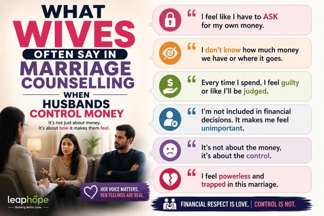 Emotionally overwhelmed wife discussing financial control issues during marriage counselling session