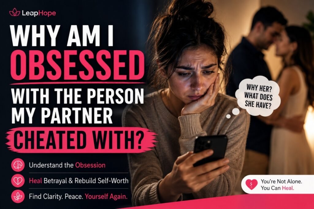 Woman obsessively checking phone after partner cheated, emotionally comparing herself to the affair partner after infidelity.