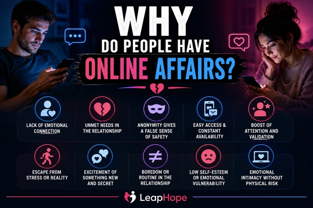 Man and woman secretly using phones with infographic points explaining reasons behind online affairs, emotional cheating, and digital infidelity.