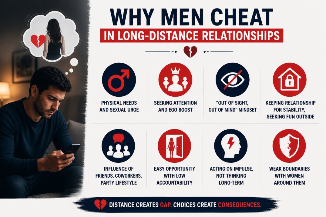 Infographic showing reasons why men cheat in long-distance relationships including physical needs, ego boost, and opportunity