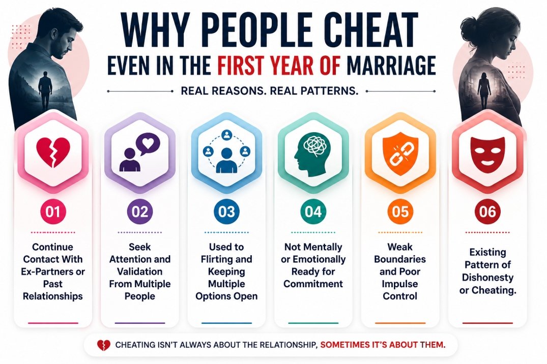 infographic showing reasons for cheating in early marriage like ex contact, validation seeking, flirting, and lack of commitment