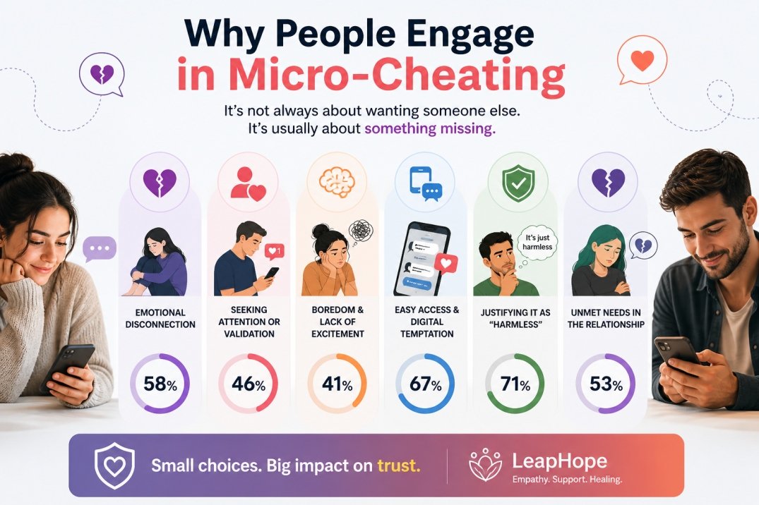 Reasons for micro-cheating such as attention seeking, boredom, and social media influence infographic by LeapHope