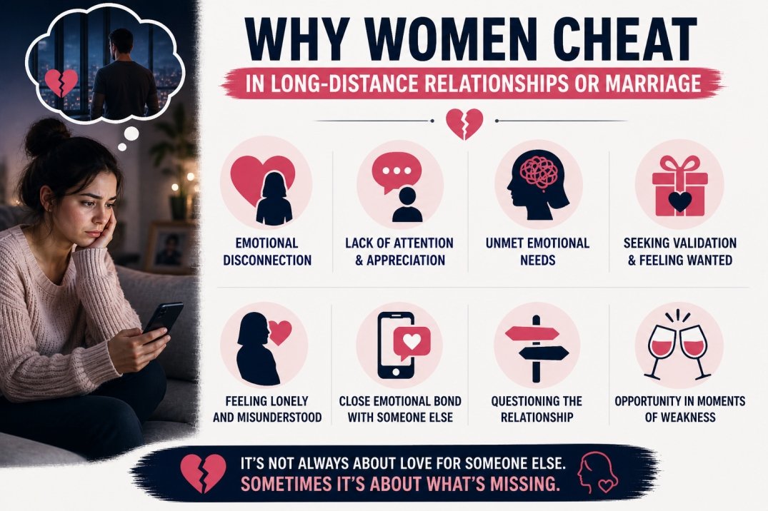 Infographic showing reasons why women cheat in long-distance relationships including emotional disconnection, loneliness, and unmet needs