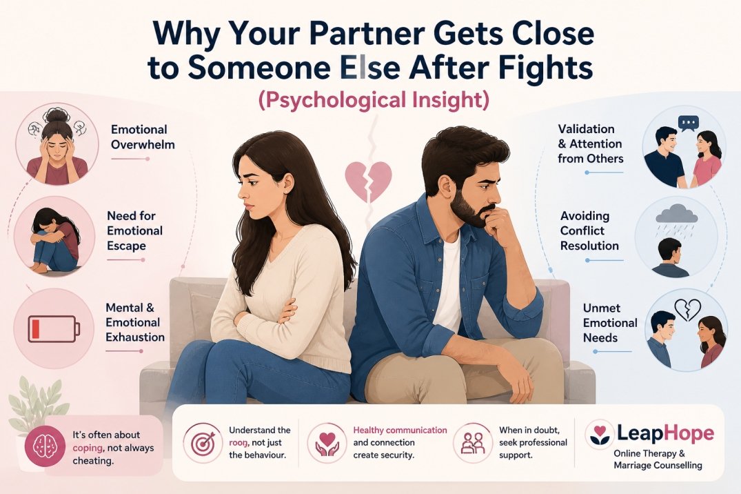 Infographic showing why a partner gets close to someone else after fights, including emotional avoidance, validation seeking, and conflict patterns