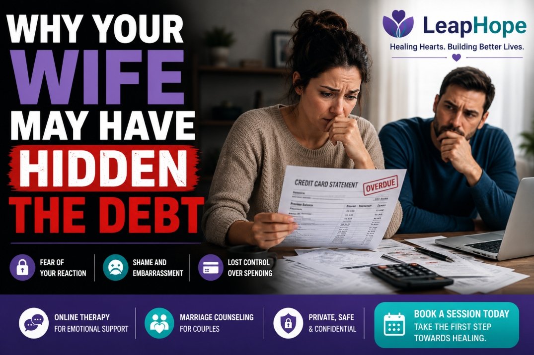 Worried couple looking at hidden credit card debt and financial statements during marriage problems