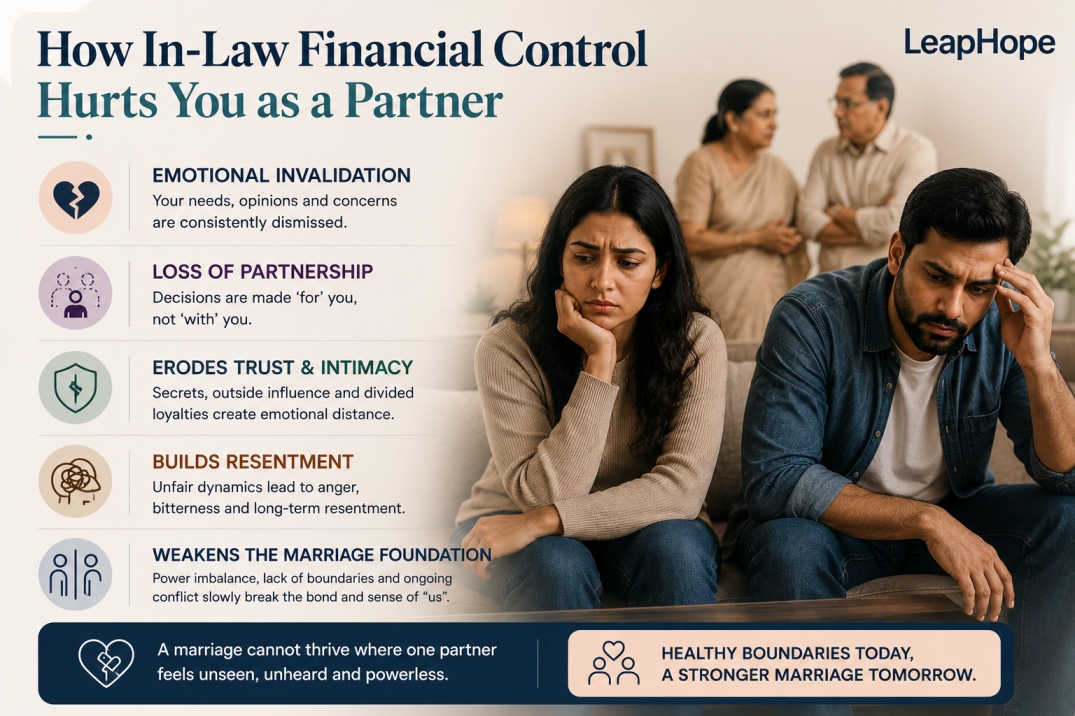 How in-law financial control hurts you as a partner, leading to emotional stress, loss of financial independence, trust issues, and relationship conflict.