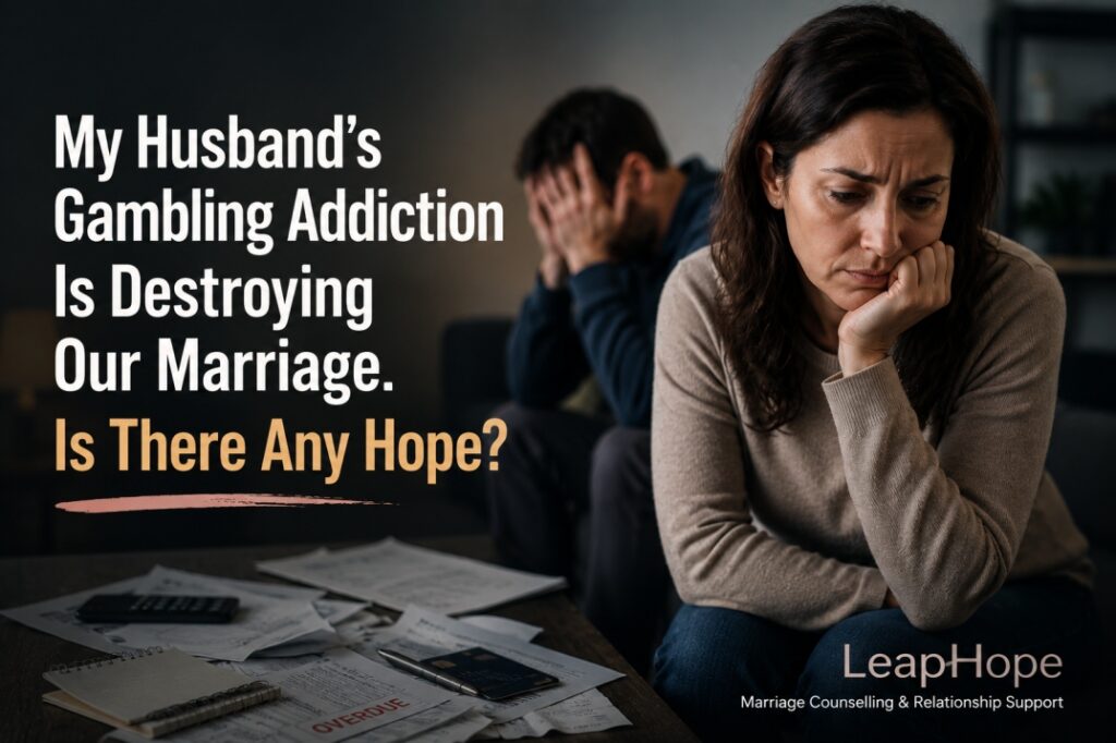 Worried wife sitting with financial bills while struggling with her husband's gambling addiction and the impact on their marriage and family life.