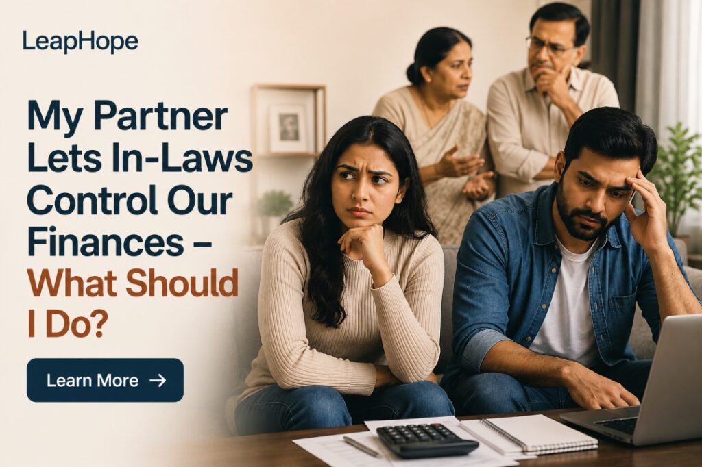 Worried spouse feeling frustrated as partner allows in-laws to control family finances and major money decisions in marriage.