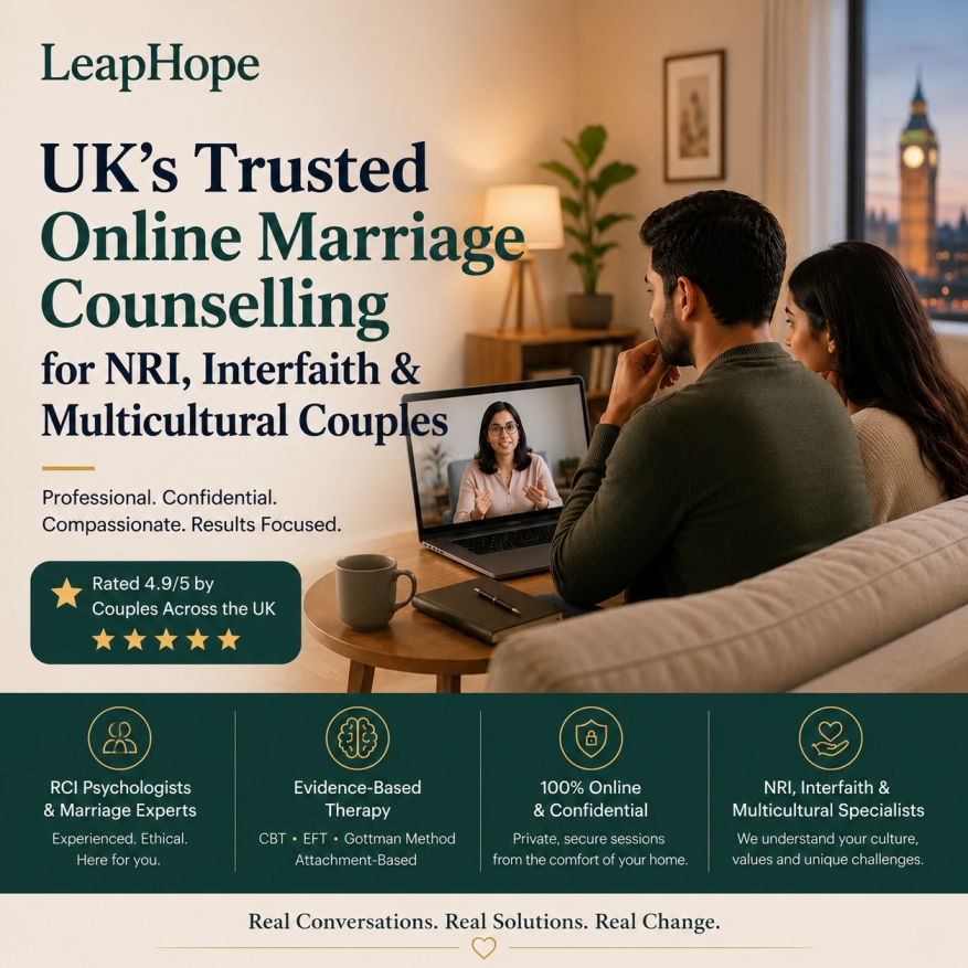 Online Marriage Counselling in the UK 5 online marriage counselling for modern, multicultural, NRI, and UK couples - LeapHope