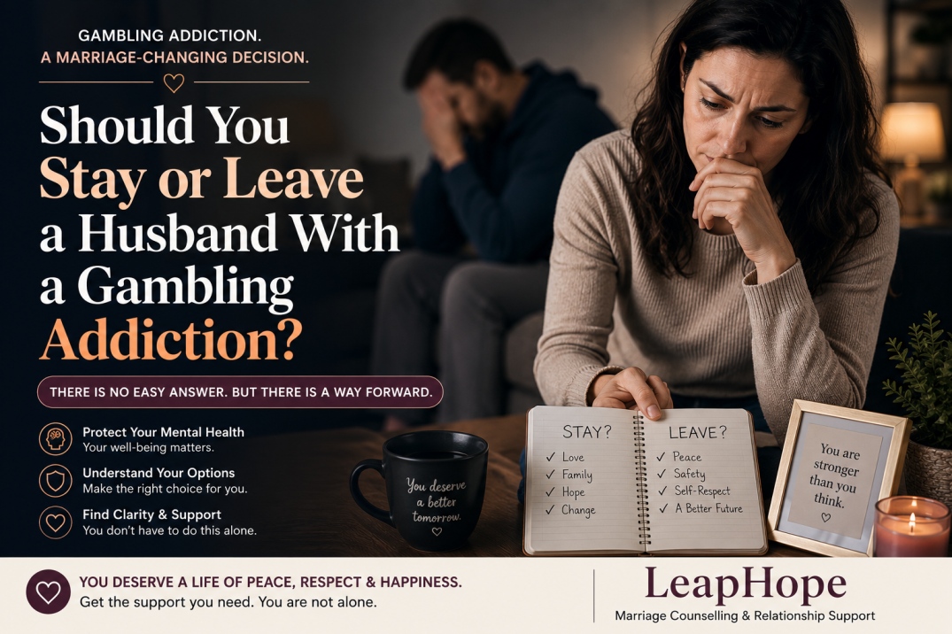 Wife struggling to decide whether to stay or leave her husband because of gambling addiction, trust issues, and emotional distress.