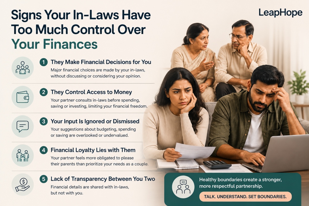 Signs your in-laws have too much control over finances, affecting a couple's spending, budgeting, savings, and financial decision-making.