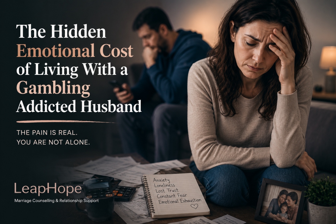 Emotionally distressed wife dealing with anxiety, stress, and relationship problems caused by her husband's gambling addiction.