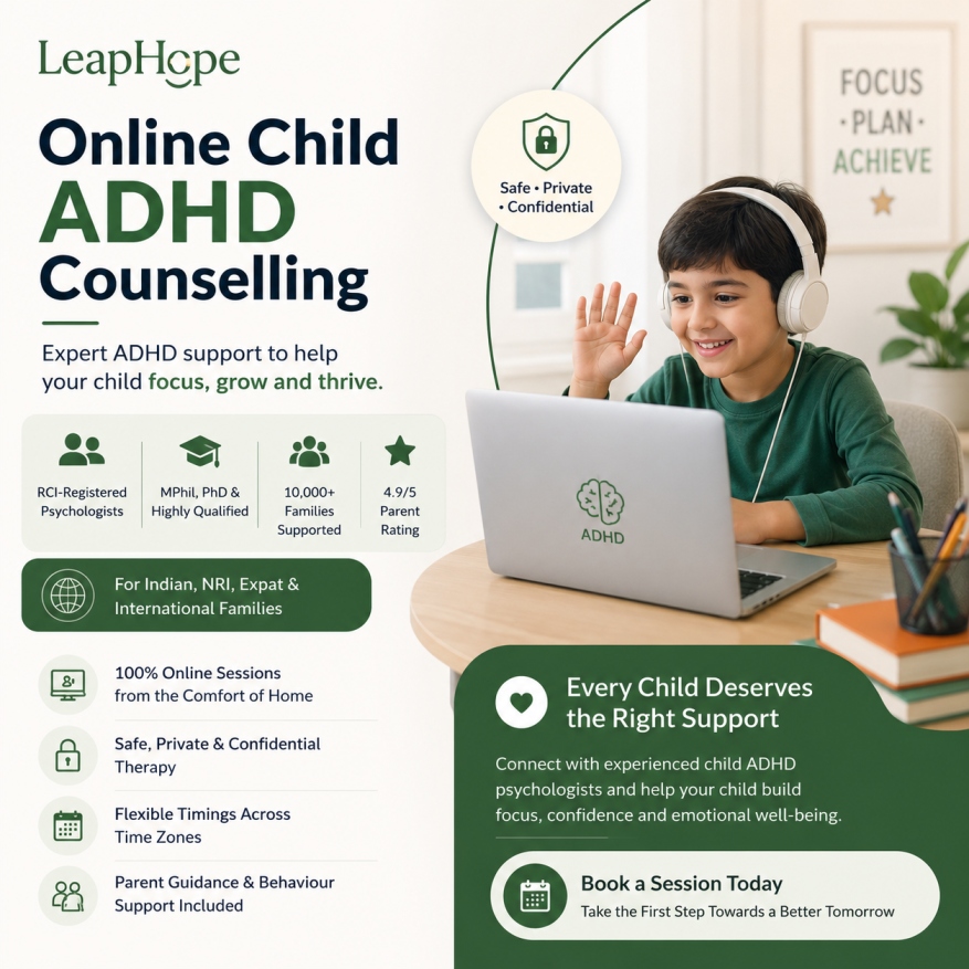 Online child ADHD counselling and psychological assessment by experienced child psychologists for children, teenagers, NRIs, and international families.