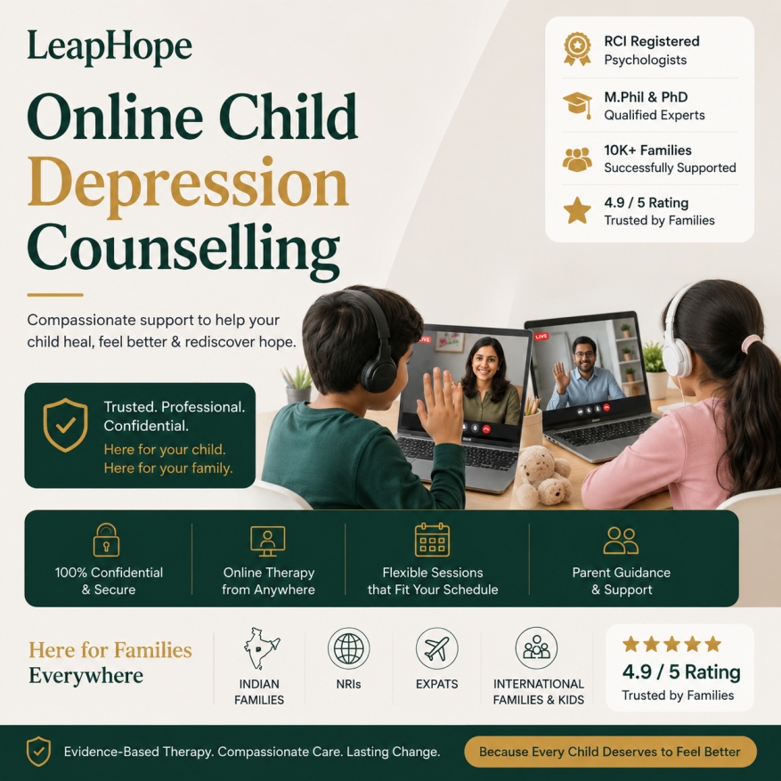Online Child Depression Counselling for Children & Teens 1 Online child depression counselling with experienced child psychologists for children, teenagers, NRIs, and international families through secure online therapy.