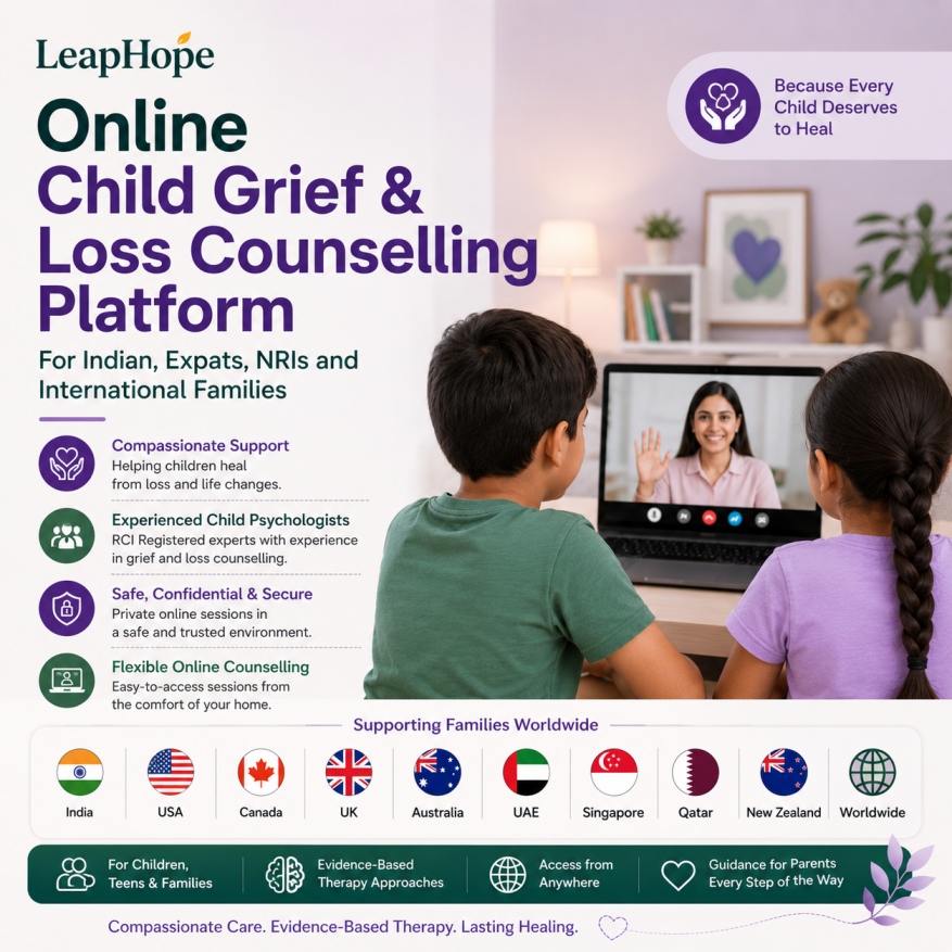 Experienced child psychologists providing online grief and loss counselling for children, teens, Indian, NRI and international families.