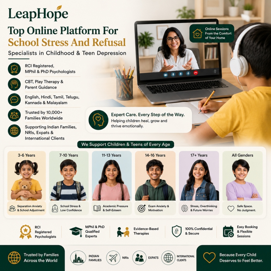 Online Child School Stress Counselling | School Refusal, Academic Pressure & Exam Anxiety 8 Experienced child psychologists providing online school stress counselling for children, teenagers, Indian families, NRIs, and international families.