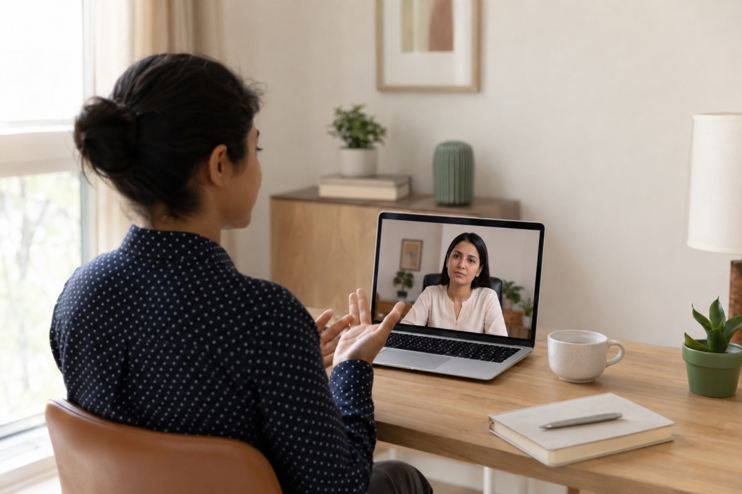 NRI attending an online therapy session with an Indian psychologist