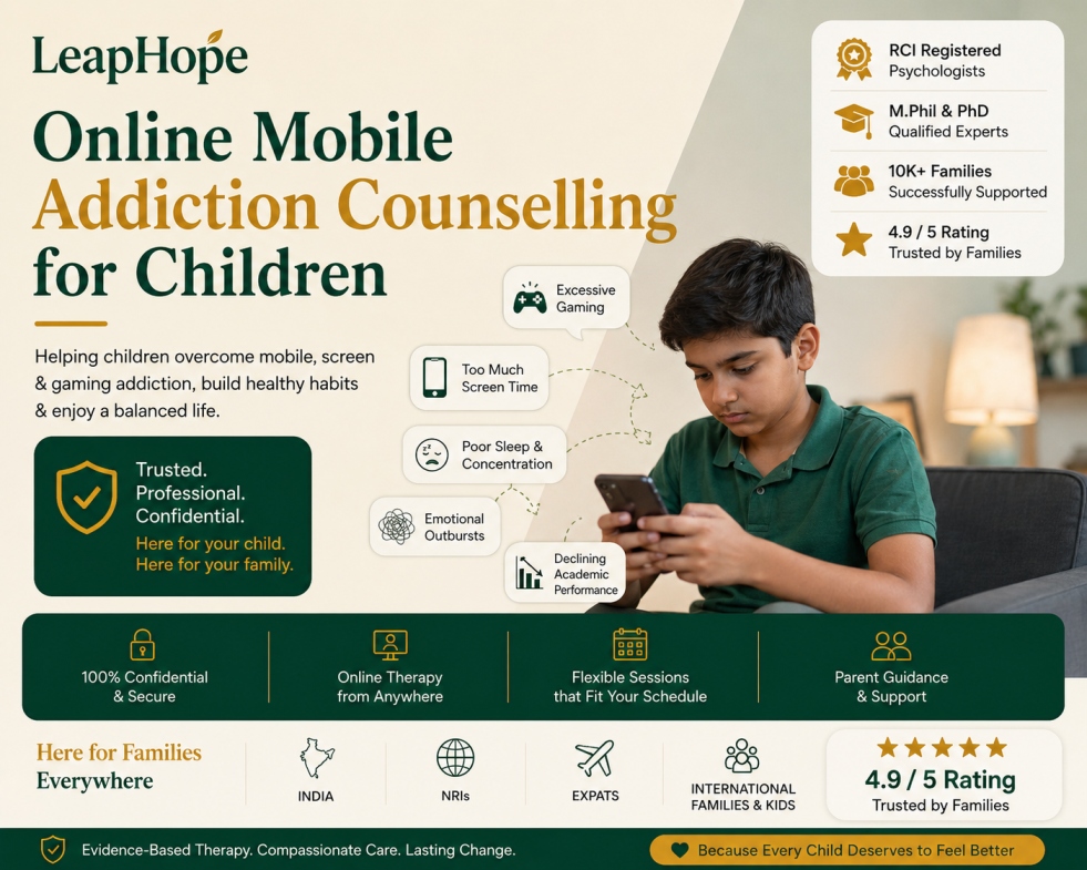 Online mobile addiction counselling for children by experienced child psychologists helping children overcome excessive screen time, smartphone addiction, gaming dependence, and unhealthy digital habits.