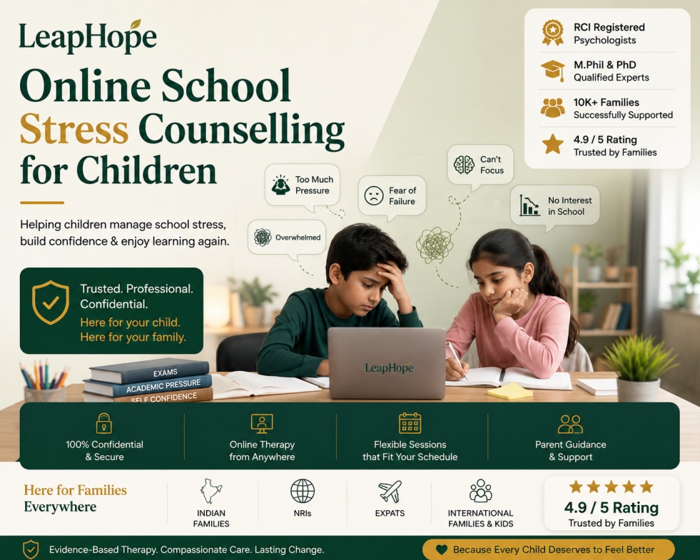 Online Child School Stress Counselling | School Refusal, Academic Pressure & Exam Anxiety 1 Online school stress counselling for children and teenagers by experienced child psychologists supporting school refusal, academic pressure, exam anxiety, and emotional wellbeing.