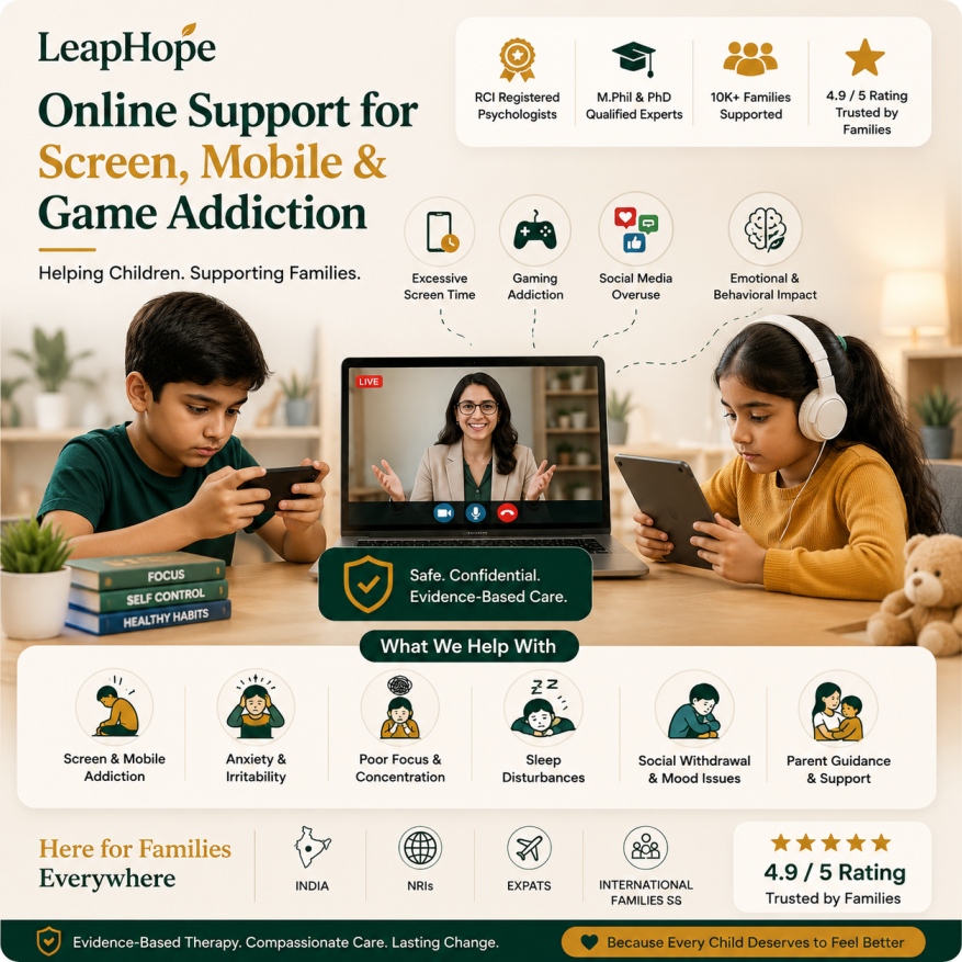 Online child psychologists helping children overcome mobile addiction, excessive screen time, gaming addiction, social media dependence, and unhealthy digital habits.