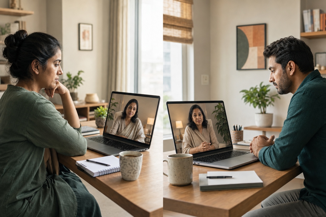 Adult attending a private online stress and burnout therapy session with a clinical psychologist