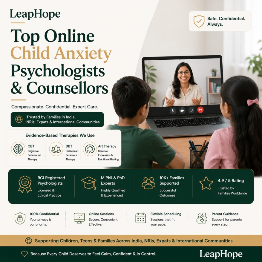 Online Child Anxiety Counselling by RCI Child Psychologists 8 Top online child anxiety psychologists and counsellors providing CBT, DBT, and evidence-based online therapy for children, teens, NRIs, and expat families.