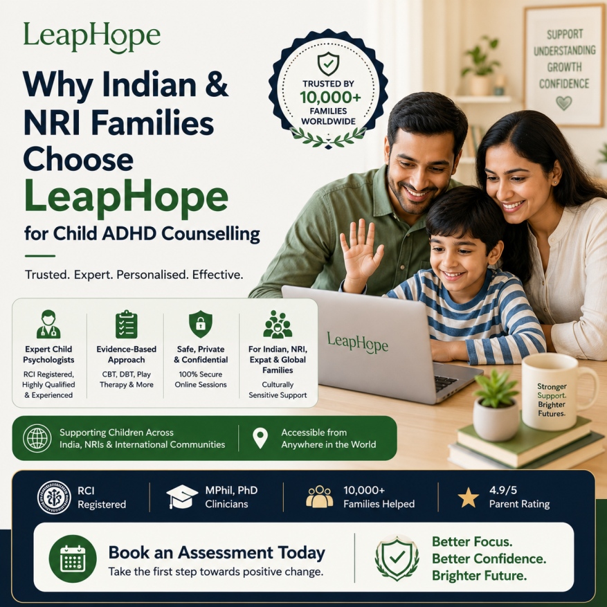 Online child ADHD psychologists providing assessments, therapy, and parent guidance for Indian families and NRIs.