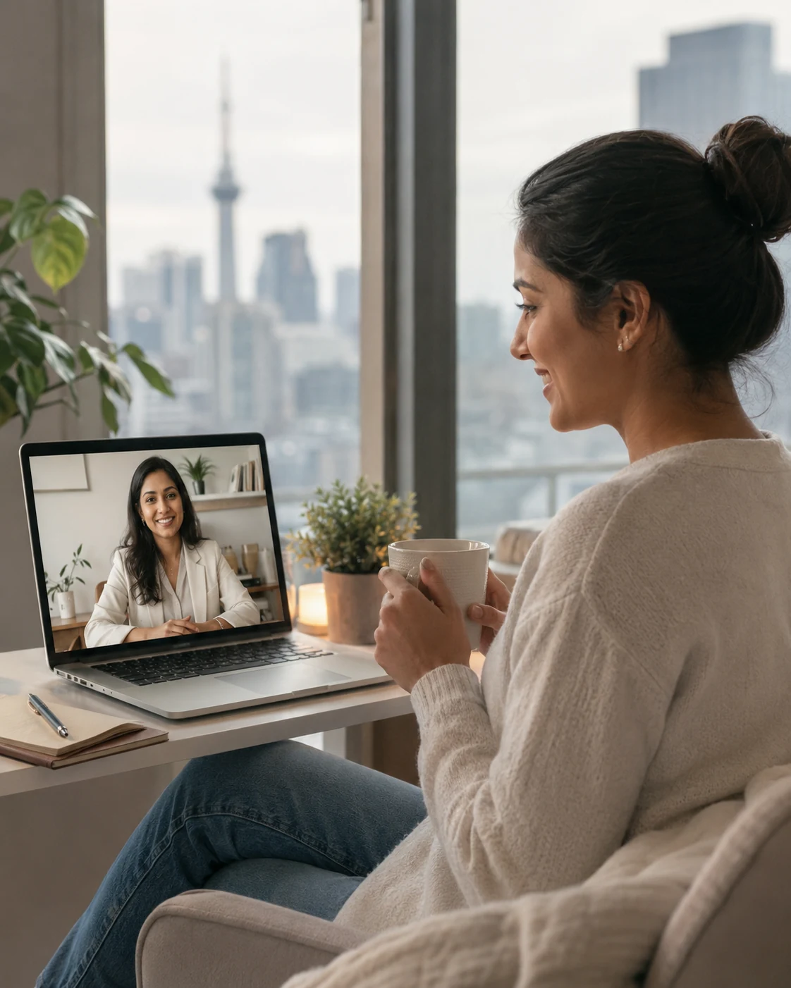 Indian working professional attending online workplace anxiety counselling with a psychologist