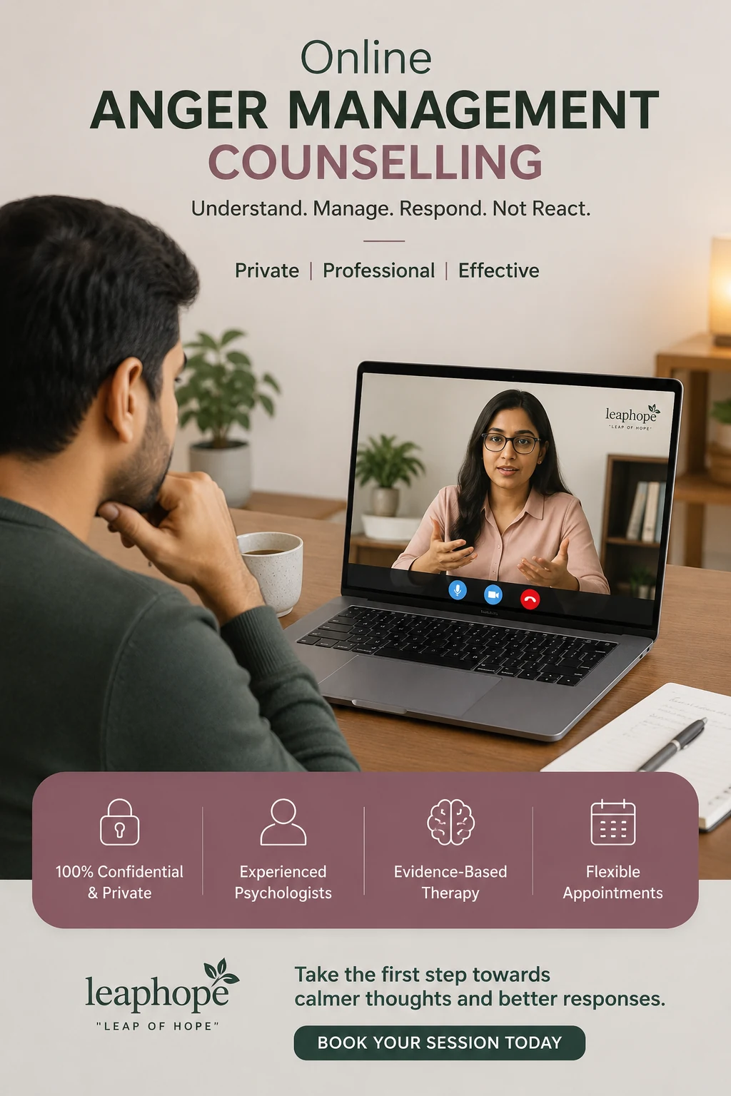 Indian man attending online anger management counselling with an experienced LeapHope psychologist