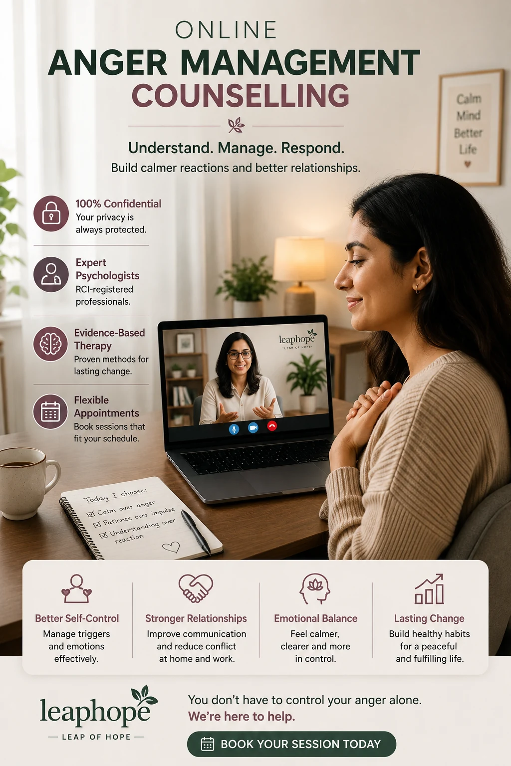 Indian adult attending online anger management counselling with an experienced psychologist