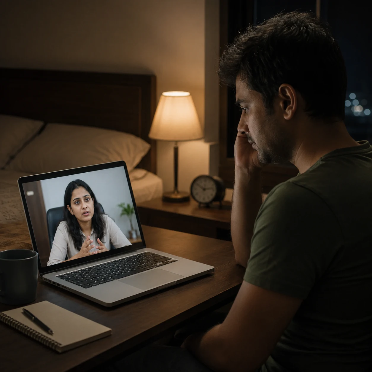 Indian adult discussing persistent insomnia with a clinical psychologist online
