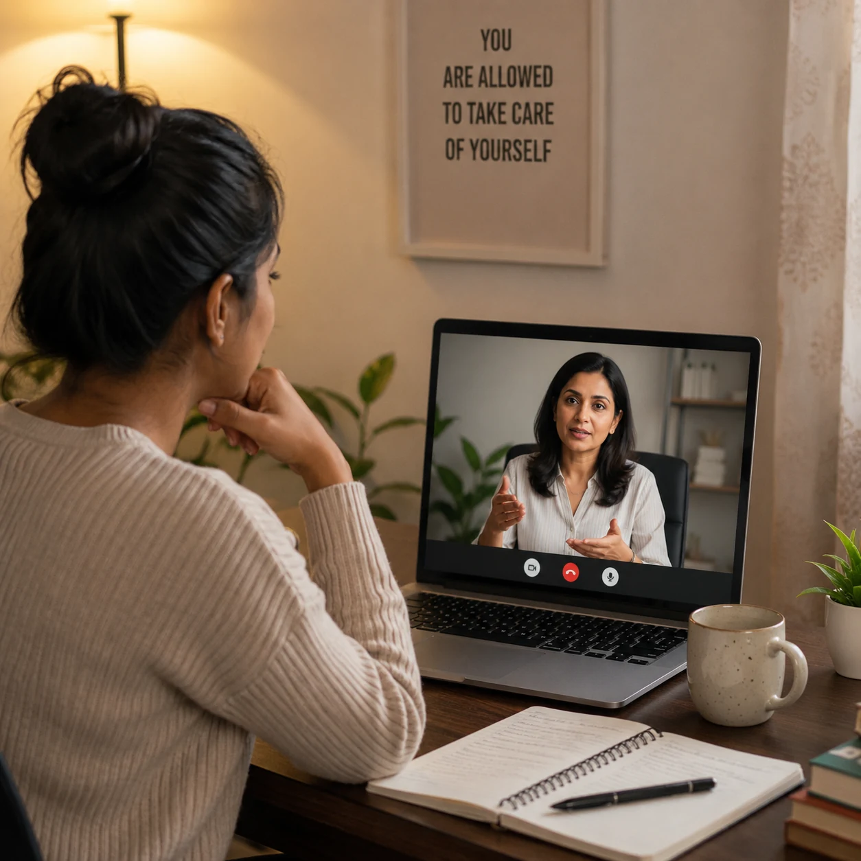 Adult attending online people-pleasing and boundary counselling with an Indian psychologist