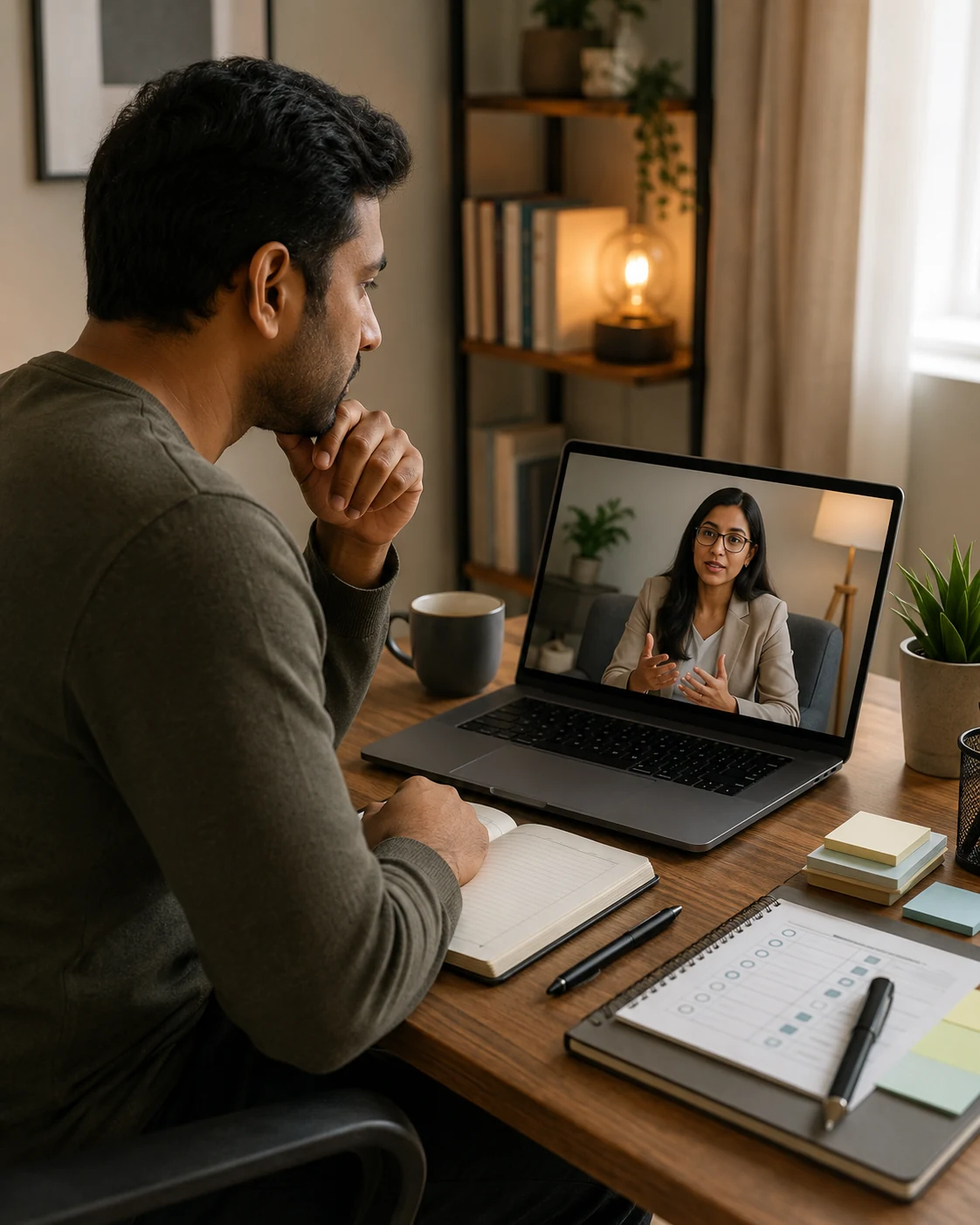 Adult discussing perfectionism with an Indian psychologist during an online counselling session