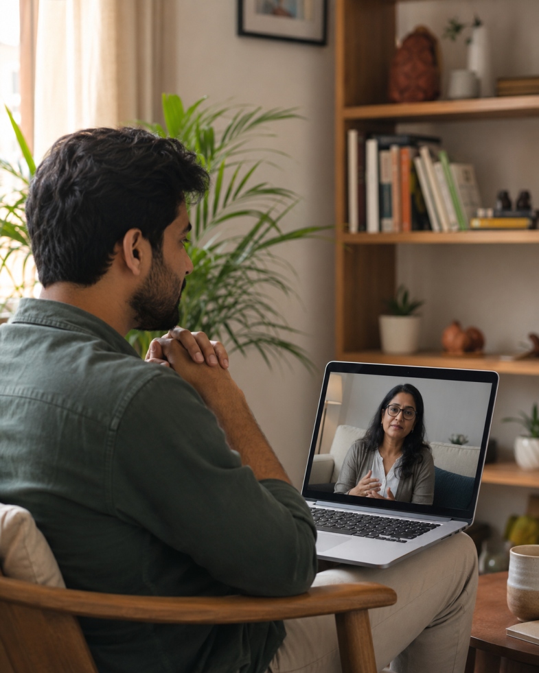 NRI speaking with an Indian psychologist during online therapy