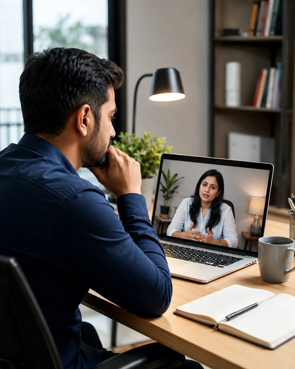 Working professional attending online workplace anxiety therapy with a LeapHope clinical psychologist