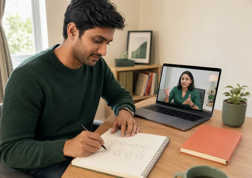 Adult learning social anxiety therapy techniques in an online session with a psychologist