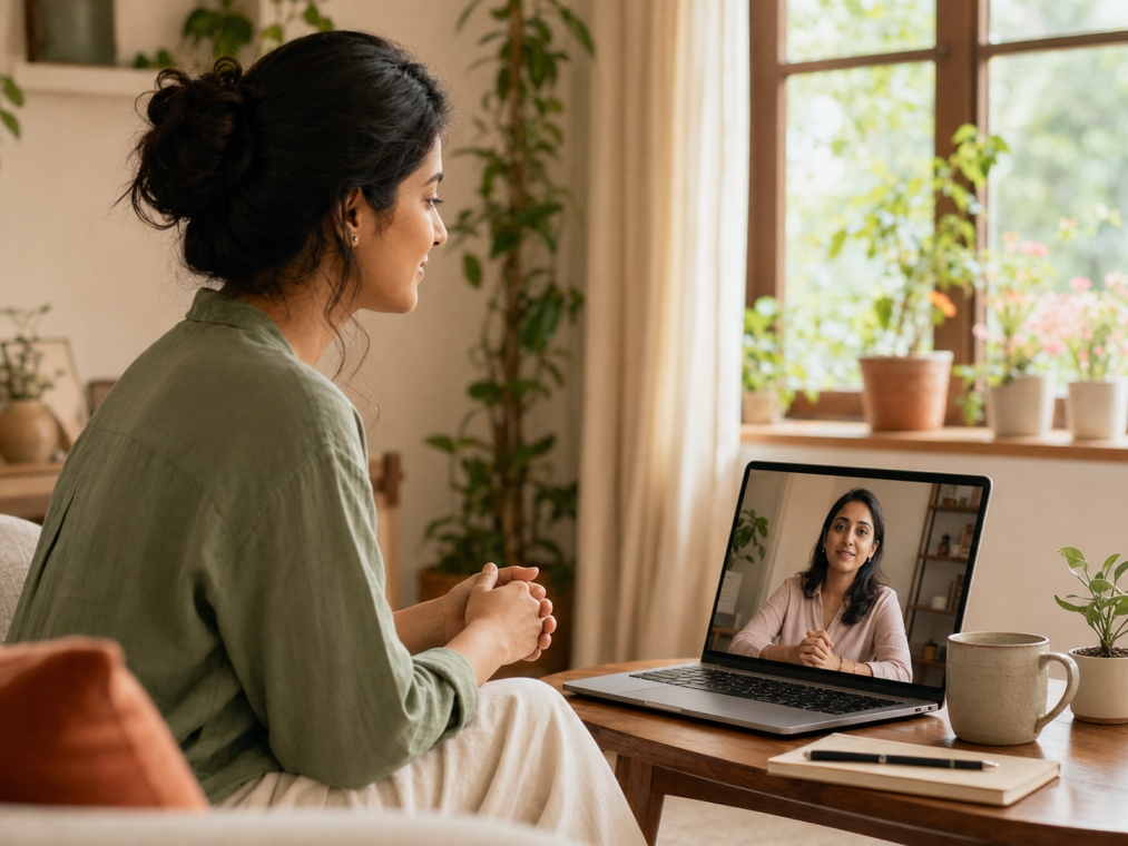 Woman speaking with a psychologist during an online anxiety counselling session
