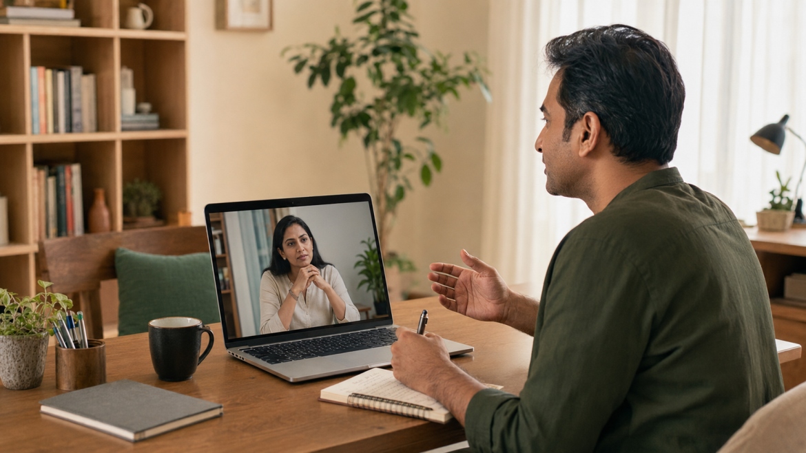 Adult attending an online anxiety counselling session with a psychologist