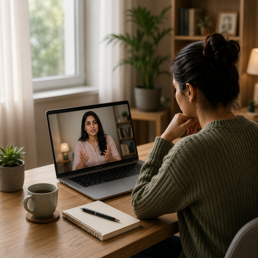 Adult discussing depression symptoms with a qualified psychologist during an online counselling session