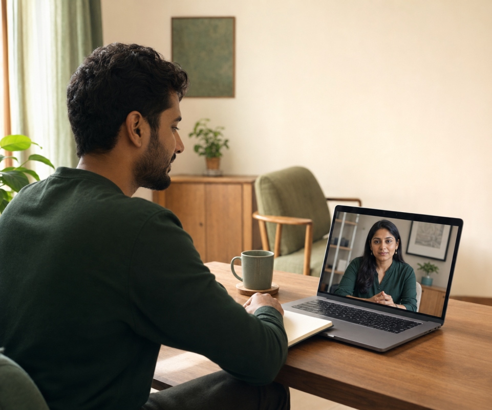Adult attending an online emotional regulation therapy session with a psychologist