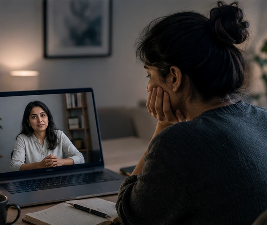 Adult attending online grief counselling with a qualified Indian psychologist