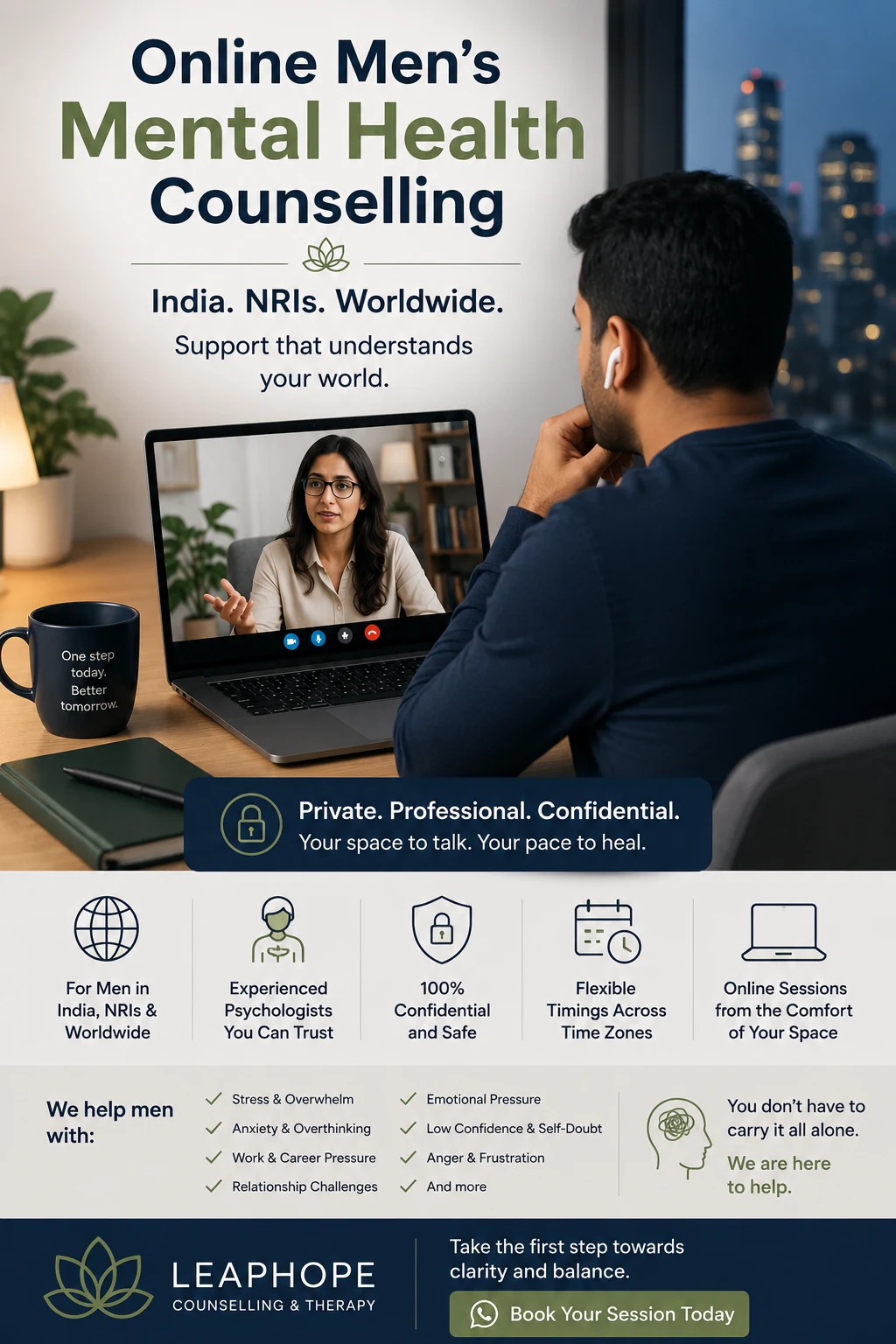 Man attending private online mental health counselling with an experienced LeapHope psychologist