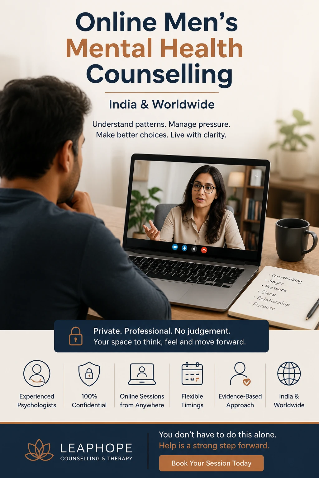 Man attending structured online mental health counselling with a LeapHope psychologist