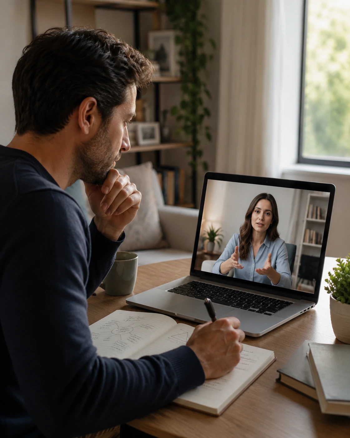 Adult discussing serious overthinking with an Indian psychologist during an online therapy session