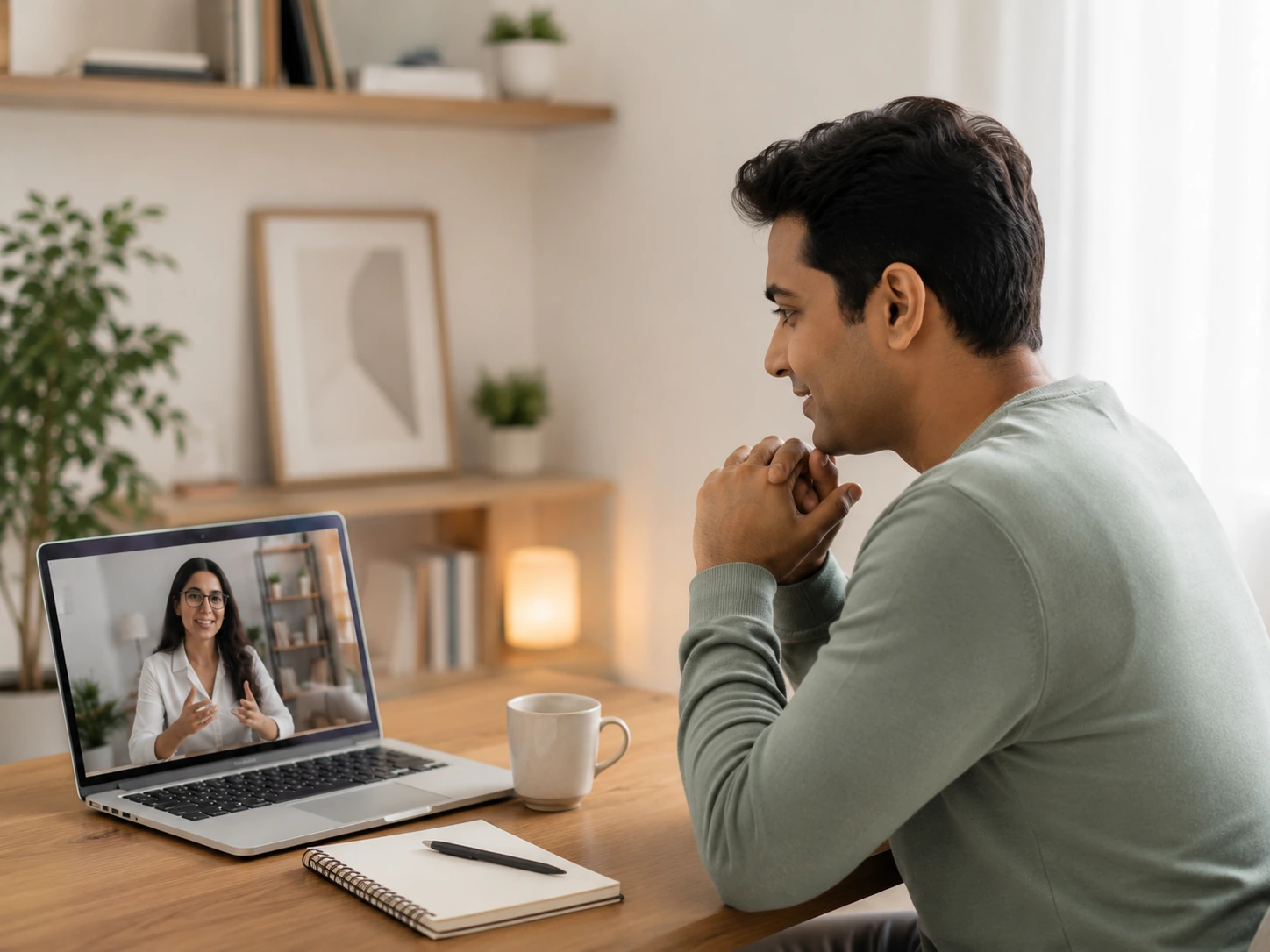 Adult discussing panic attacks with an Indian psychologist during an online counselling session