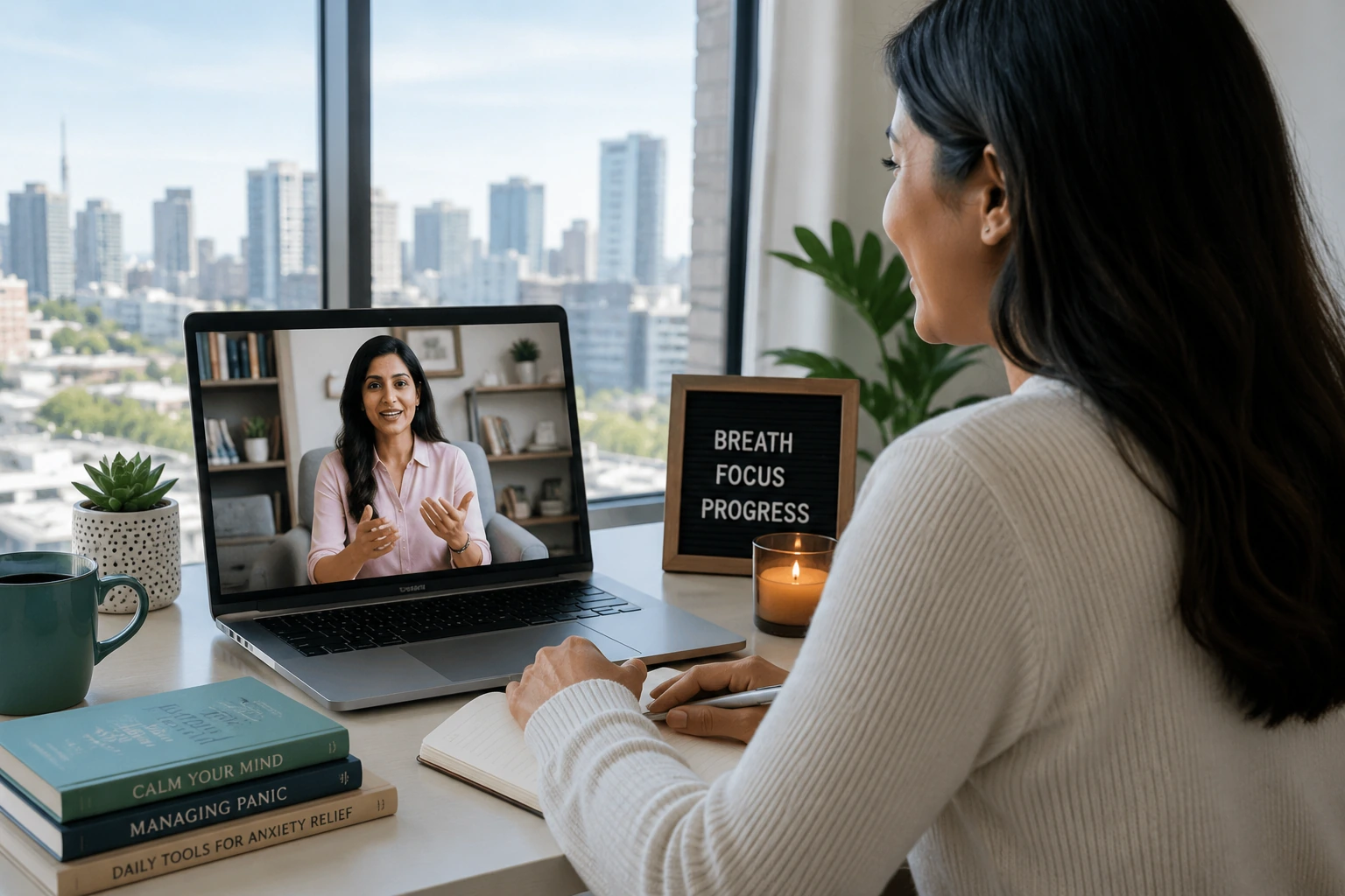 Indian adult attending online panic attack counselling while living abroad