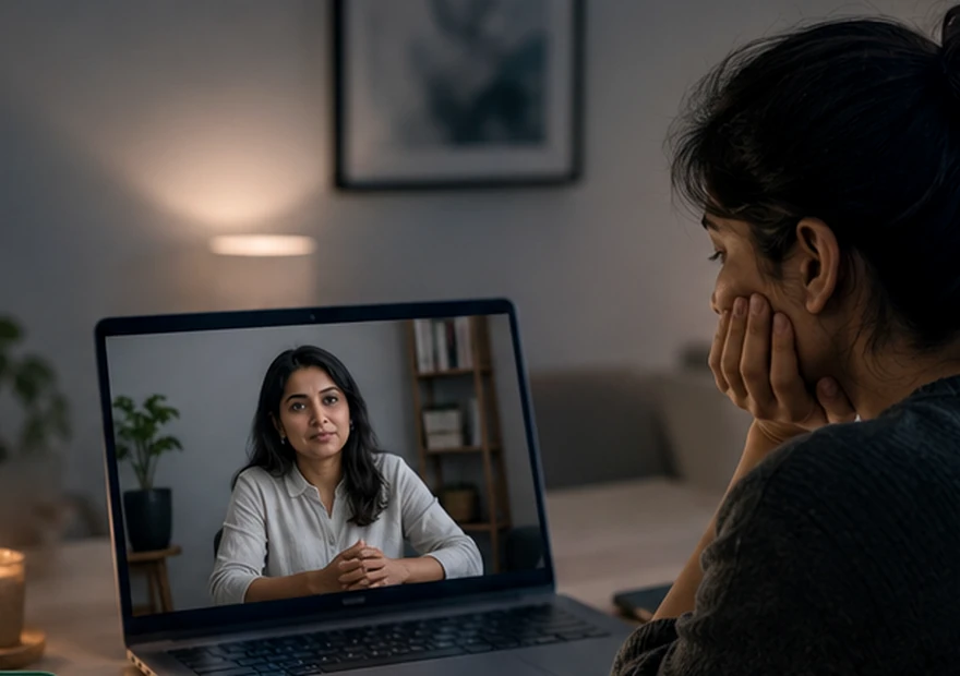 Adult discussing grief and bereavement with a qualified psychologist during an online counselling session
