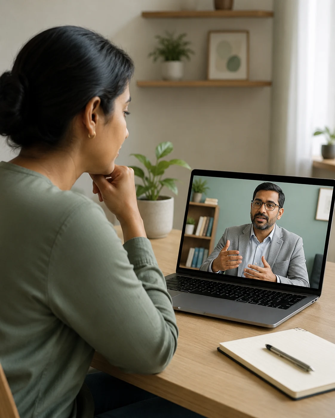 Adult discussing self-esteem and self-criticism with a qualified psychologist during an online counselling session